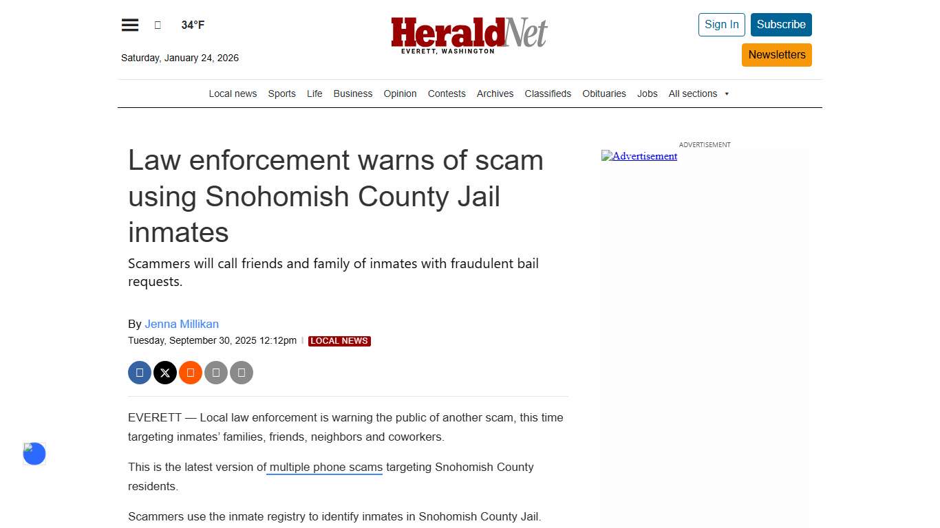 Law enforcement warns of scam using Snohomish County Jail inmates HeraldNet.com