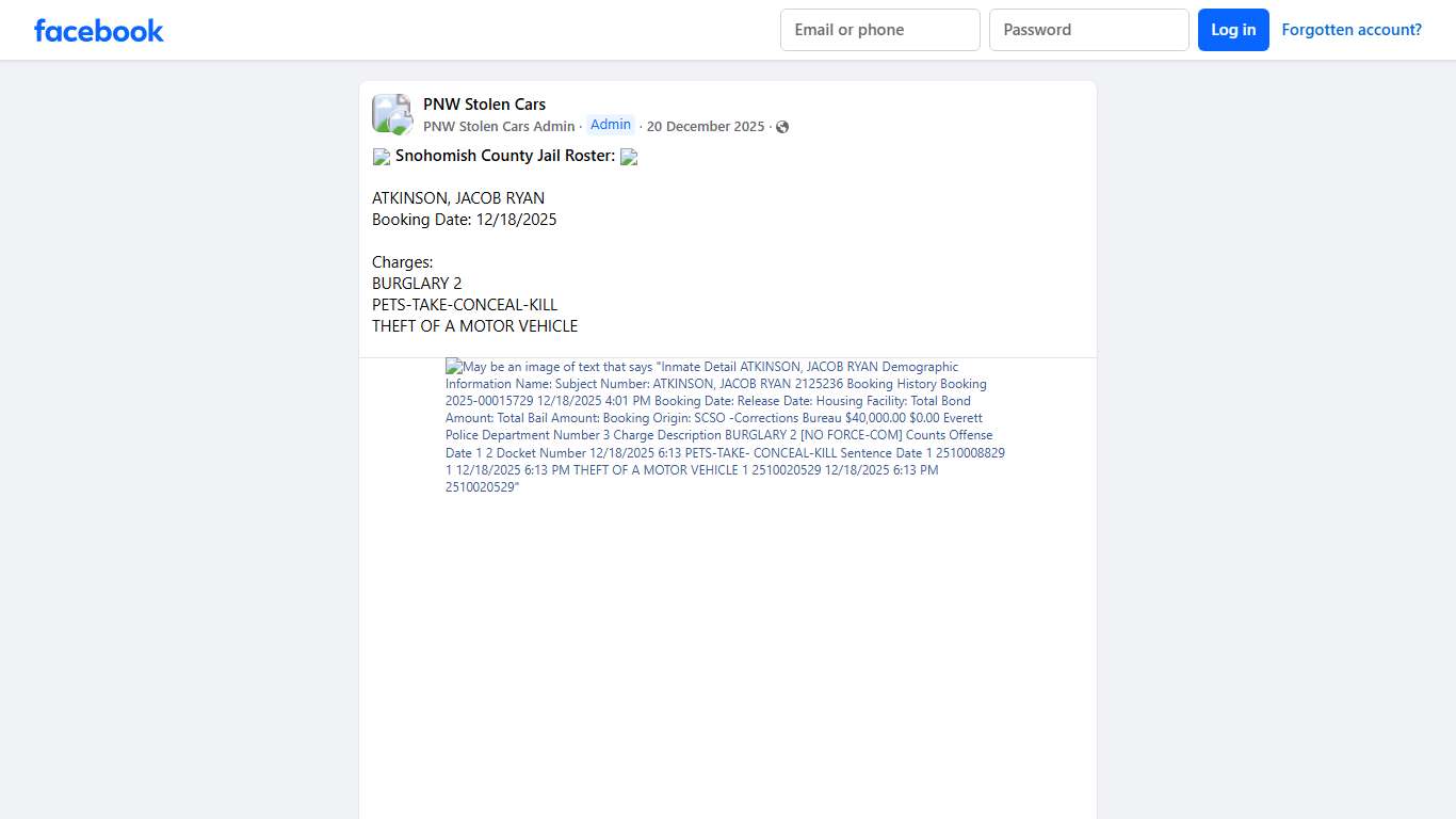 PNW Stolen Cars 🚓 **Snohomish County Jail Roster:** 🚓 Facebook