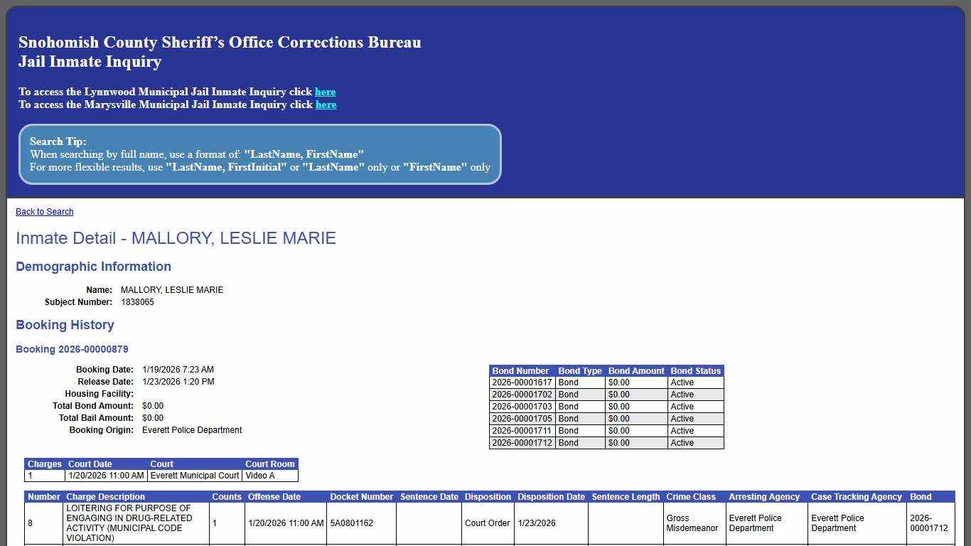 Inmate Detail - MALLORY, LESLIE MARIE