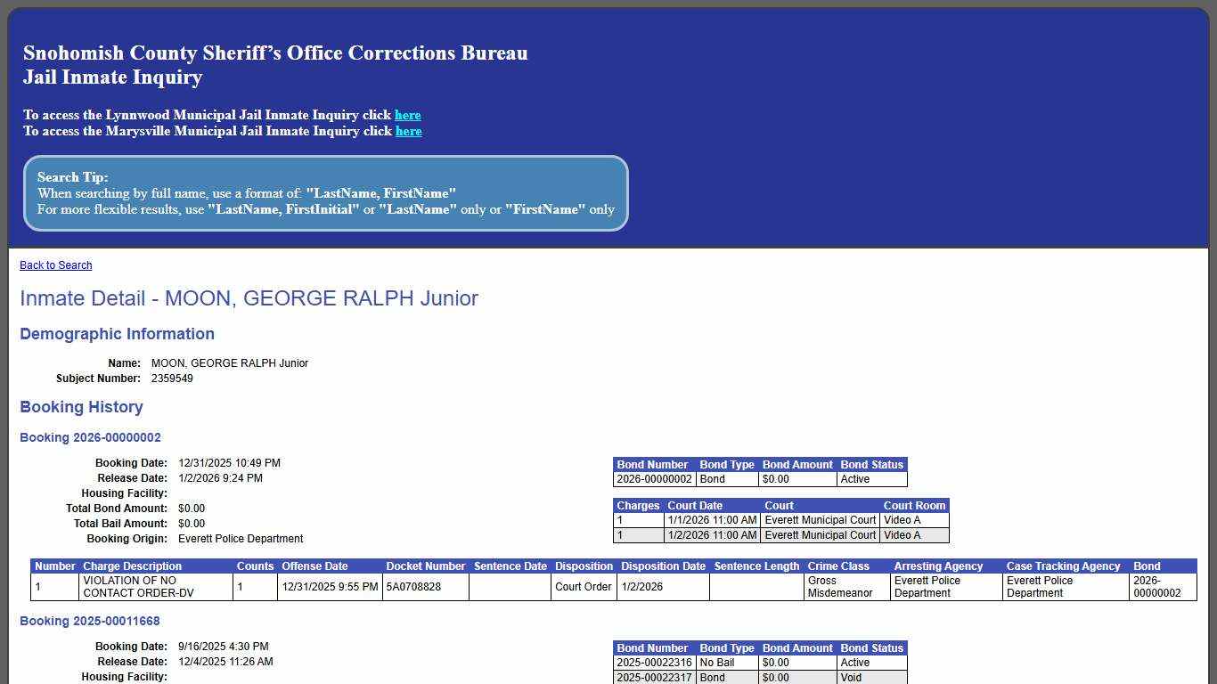 Inmate Detail - MOON, GEORGE RALPH Junior